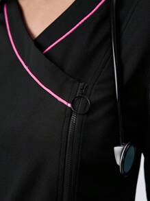 Scrubzie Color Block Fitted Stretch Long Sleeve Nurse Scrub Uniform Top - Black - View 3