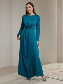 Veilorie 女士纯色圆领长袖褶皱优雅长袍连衣裙 - 藍色 - 查看 4