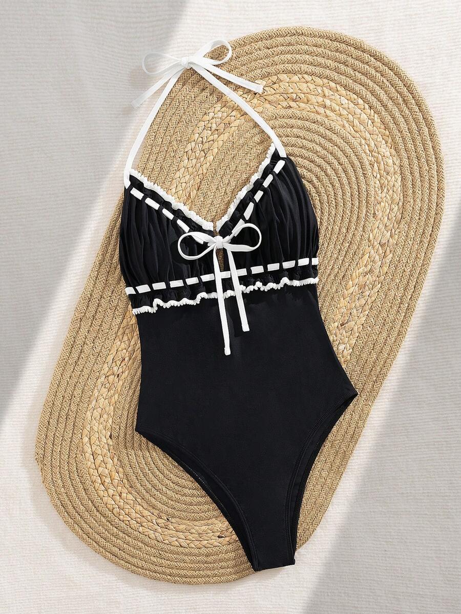 Costume da bagno intero da donna con corda traforata, bianco e nero, da indossare in estate - Bianco e nero - Visualizzare 1