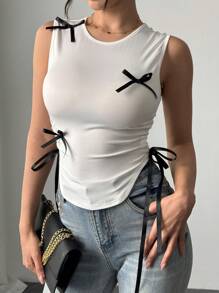 Chiquease Color Block Round Neck Bowknot Pleated Women Camisole
