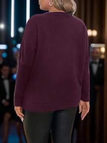 SHEIN Clasi Suéter con cuello redondo, manga larga y adornos de strass, talla grande