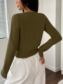 SHEIN Unity 女式纯色长袖系带休闲开衫，秋冬 - 綠色 - 查看 2