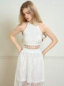 SHEIN Teen Girl Halter Lace Top And Mesh Skirt Summer 2-Piece Set - White - View 3