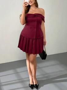 Firerie 2 件套大码女士露肩纯色衬衫和百褶裙套装 - 酒紅色 - 查看 5