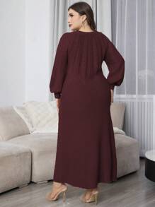 Mulvari Plus Size Solid Color Round Neck Long Sleeve Casual Long Dress - Burgundy - View 2