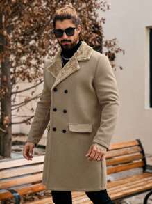 Manfinity Homme 男士纯色双排扣休闲大衣，秋冬，秋季，冬季，Old Money - 卡其色 - 查看 4