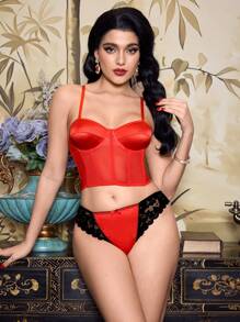 Satin Corset Crop Top, Sheer, Vintage Elegant Style, Removable Straps, Lace-Up Back, Sexy Women's Lingerie - Red - View 2