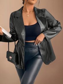 SHEIN Unity Women's Turndown Collar Shiny Striped Loose Casual Blazer Fall Cloth For Women - Black - View 6