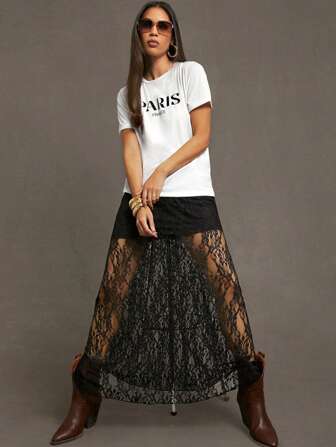 Siren Gaze Women Sexy Black Wildflower Lace Patchwork Lightweight And Breathable Long Summer Skirt