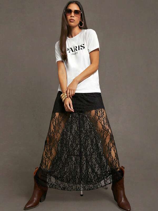 Siren Gaze Fustă lungă de vară ușoară și respirabilă, sexy, neagră, cu flori sălbatice, din dantelă, model patchwork, pentru femei