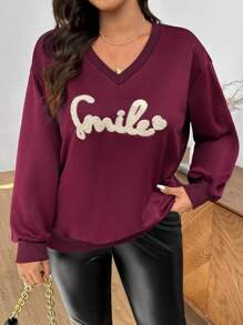 SHEIN Frenchy Plus Size Casual College V-Neck Letter Embroidered Pullover Sweatshirt Graduation,Back To School Outfits,Graduation,Teacher Outfits For Women,Back To School
