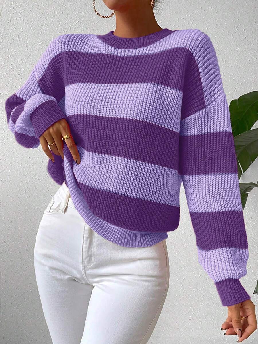 SHEIN PETITE Fashionable Color-Blocking Loose Fit Pullover Crew Neck Sweater, Casual & Versatile, Autumn/Winter, European And American Style - Purple - View 1