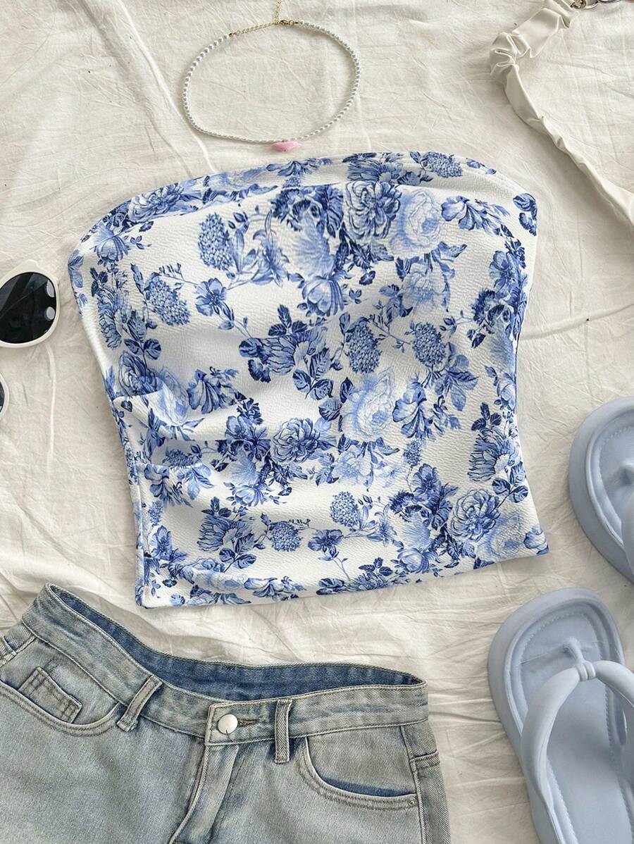 Soleia Holiday Women Floral Print Bandeau Crop Knit Vest, Summer Top