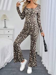 SHEIN LUNE Square Neck Fitted Jumpsuit Flare Pants Vintage Leopard Print Casual Commuting Elegant Streetwear Comfortable Home Wear Warm Autumn/Winter One-Piece Pants For Women Cheetah Print Jumpsuits For Woman