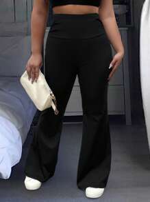 Flirla Women Plus Size High Waist Solid Color Bell-Bottomed Minimalist Trousers