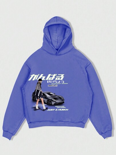 Street Life Men's Autumn/Winter Japanese Racing Character Printed Blue Hoodie