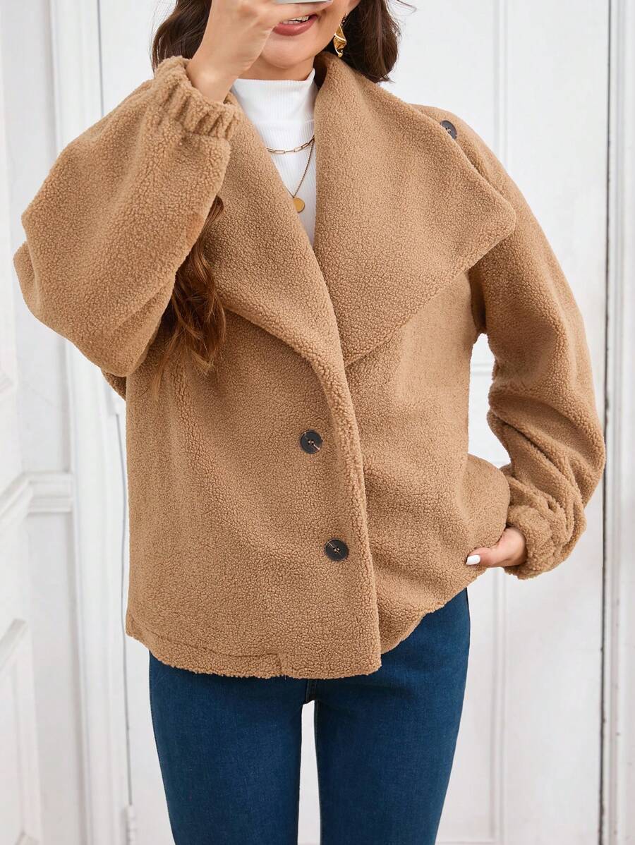 INAWLY 1 件女士休闲蓬松领长袖常规夹克，温暖宽松，秋冬 - 卡其色 - 查看 1