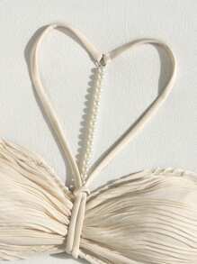 女士新款沙滩装，纯色纹理面料搭配珍珠装饰性感吊带比基尼套装 - 米色 - 查看 5