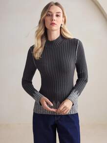 BizChic 灰色高领长袖针织毛衣，女士优雅办公/通勤装，适合新年、约会、春夏季 - 深灰色 - 查看 6