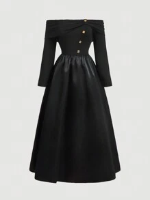 SHEIN MOD Vestido largo asimétrico de manga larga con hombros abiertos, botones metálicos vintage y de satén negro de talla grande, brillante, para citas, fiestas y días festivos - Negro - Ver 1