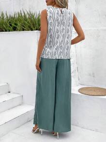 SHEIN Clasi Bộ 2 chiếc áo cánh không tay rộng rãi họa tiết hình học thanh lịch dành cho nữ và quần dài Palazzo xanh rộng rãi, thoải mái và đa năng cho trang phục hàng ngày mùa xuân/hè - Nhiều màu - Xem 3