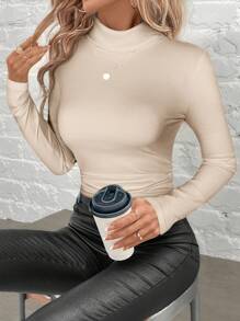 SHEIN Clasi Women Stand Collar Gathered Waist Fleece Warm T-Shirt - Apricot - View 7