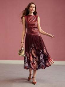 MOTF PREMIUM CONTRAST FLORAL PRINT PLEATED DRESS - Burgundy - View 4