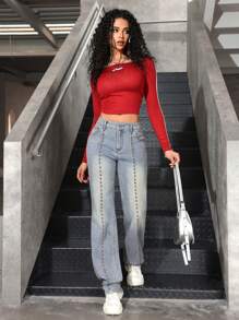 SHEIN EZwear Jeans en denim casual et polyvalent avec poches et design clouté pour femmes - Jean clair - Voir 4