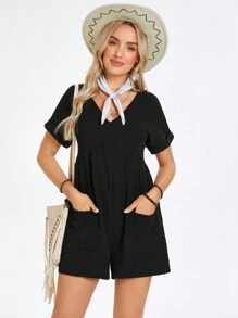 SHEIN LUNE Batwing Sleeve Pocket Patched Romper - Black - View 6