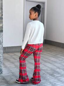 SHEIN Leap Crew Tween Girls Fashion Streetwear Knit Crewneck Long Sleeve Top & Plaid Flare Pants Set, Valentine's Day