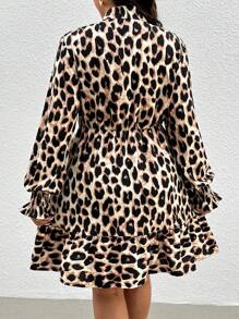 SHEIN Frenchy Vestido casual de manga larga con estampado de leopardo talla grande, minimalista y elegante para uso diario
