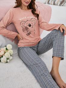 EURMUSE 100% Cotton 2Pcs  Koala Printed Long Sleeve Shirt And Plaid Printed Sleep Bottom PJ Set - Coral Pink - View 1