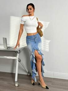 SHEIN Essnce Women's Pocket Patchwork Ruffle Hem Slit Hem Long Denim Skirt - Blue - View 4