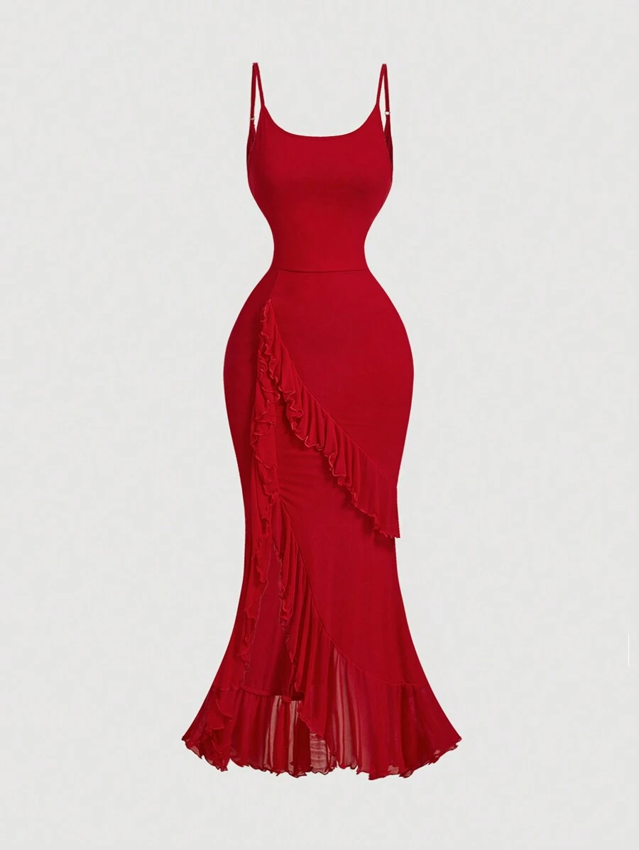 SHEIN MOD Robe élégante à volants rouges pour femmes, tenues d'été pour femmes, tenues de vacances pour femmes, tenues de Nouvel An pour femmes, robe de soirée, robes rouges élégantes et classiques, robe dos nu, robe d'anniversaire sexy, Saint-Valentin, tenues de croisière pour femmes - Rouge - Voir 1