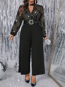 Allurite Plus Size Women Foil Striped V-Neck Lantern Sleeve Wide Leg Elegant Jumpsuit