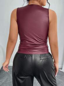 SHEIN Unity Plus Size Women Red Coated Pleated Slim-Fit Camisole - Burgundy - View 2