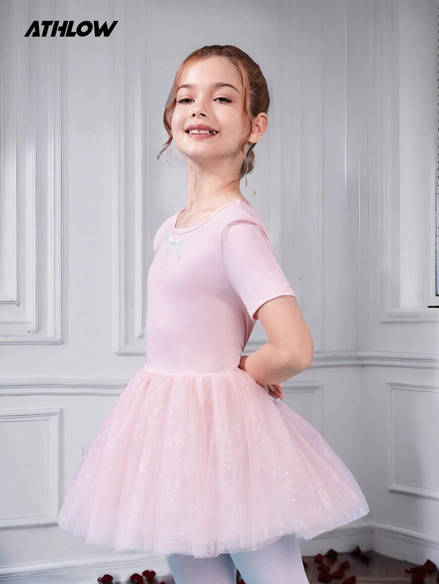 SHEIN Tween 女童优雅校园芭蕾舞粉色可爱亮片薄纱网眼裙芭蕾短裙，运动服 - 粉色 - 查看 1