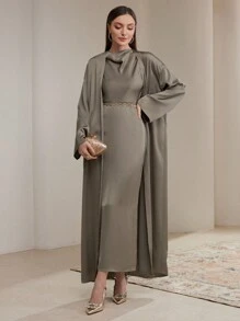 Veilorie 女式秋季纯色落肩长袖超长开衫和高领长裙优雅 2 件套 2 件套 朴素