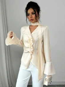 Elenzga Women's Elegant Solid Color Flared Sleeve Blouse