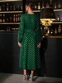 SHEIN Clasi Holiday ClothesWomen's Elegant Floral Print Surplice Neck Lantern Sleeve Belted Dress, Party Style Sequin Dress