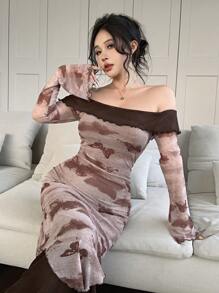 Feyla Women's Solid Color Contrast Off Shoulder Long Sleeve Minimalist Dress - Brown - View 4