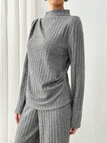 EURMUSE Urban Chic Soft Touch Knitting Draped Top & Wide Leg Loose Pants Two-Pieces Matching Set - Grey - View 6