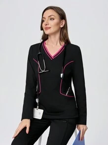Scrubzie Top de uniforme de enfermera / mujer con bloques de color de manga larga y efecto humectante en rosa rojo y negro
