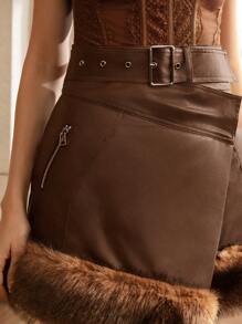 Anewsta Women's Winter Fashionable Cinched Waist Thick Fluffy Skirt - Coffee Brown - View 3
