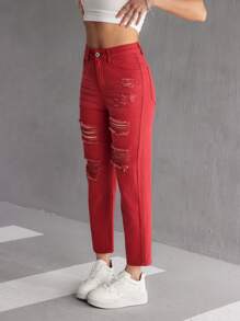 SHEIN PETITE Damen Gerade geschnittene Jeans mit Distressed-Effekt, lässig, mit Taschen, vielseitig einsetzbar