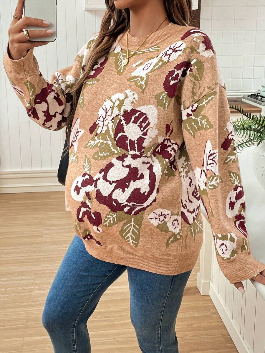 SHEIN Maternity Jacquard Knit Drop Shoulder Sweater, Winter - Multicolor - View 1