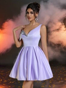SHEIN Belle Elegant Romantic Purple Satin Sequins One Shoulder Princess Dress Adjustable Back Strap Date Birthday Party Wedding Event Bachelor Party Prom Dress, Wedding Guest Dress - Pink - View 5