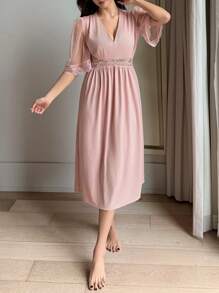 DAZY Lace Patchwork Sexy V-Neck Long Nightgown