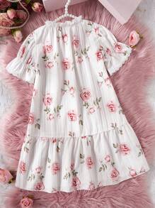 Young Girl Rose Texture Long Sleeve Nightdress Sleepwear, Elegant & , White