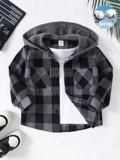 SHEIN Genkimix Kids Young Boy Plaid Pattern Hooded Shacket, Spring Autumn